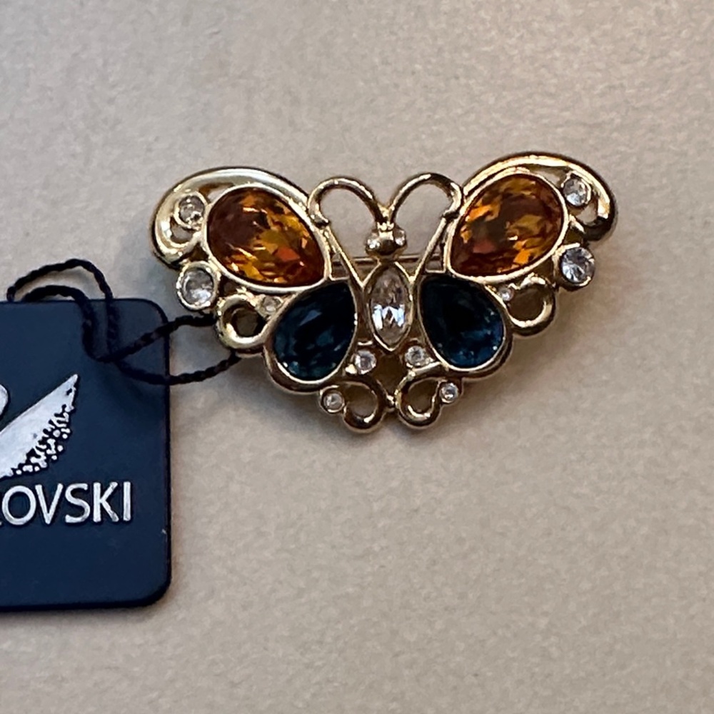 Swarovski Gold, Blue and Orange Crystal Butterfly Brooch